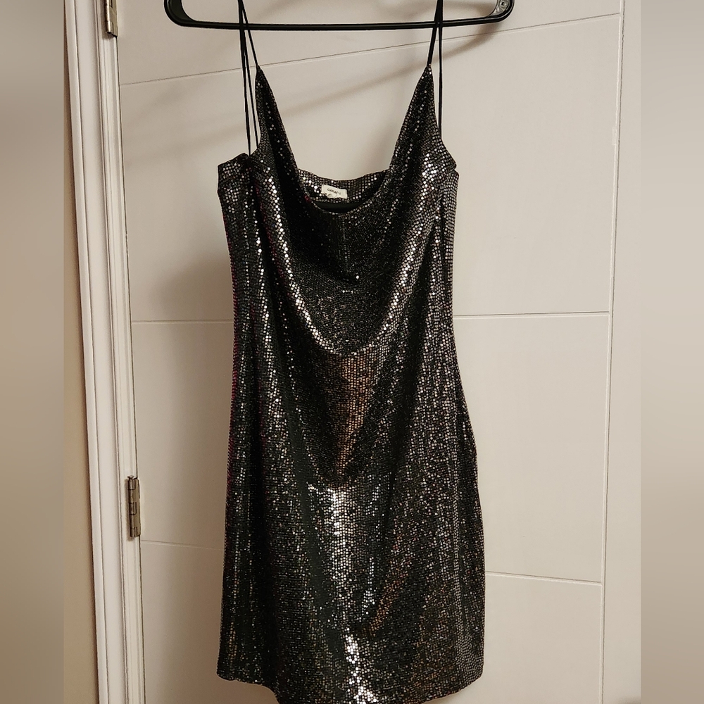 Garage Silver Sequin Mini Dress Cowl Neck Sleeveless